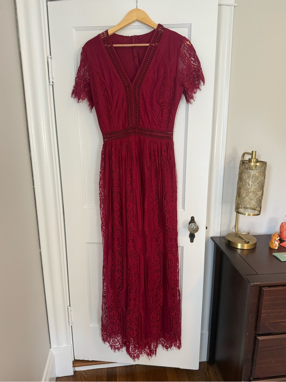 Amazon Burgundy Lace Maxi Dress with Short Sleeves